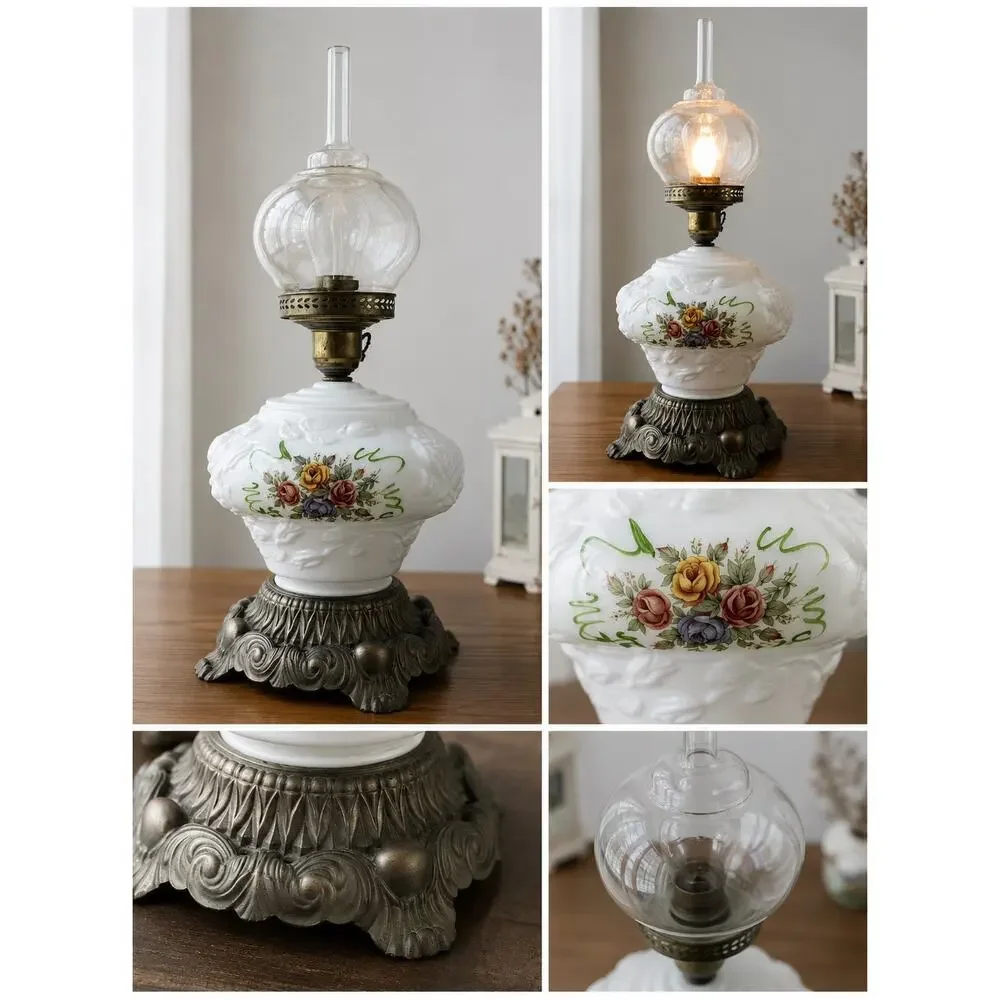 vintage Gone With the Wind (GWTW) parlor lamp,hand-painted floral on milk glass.